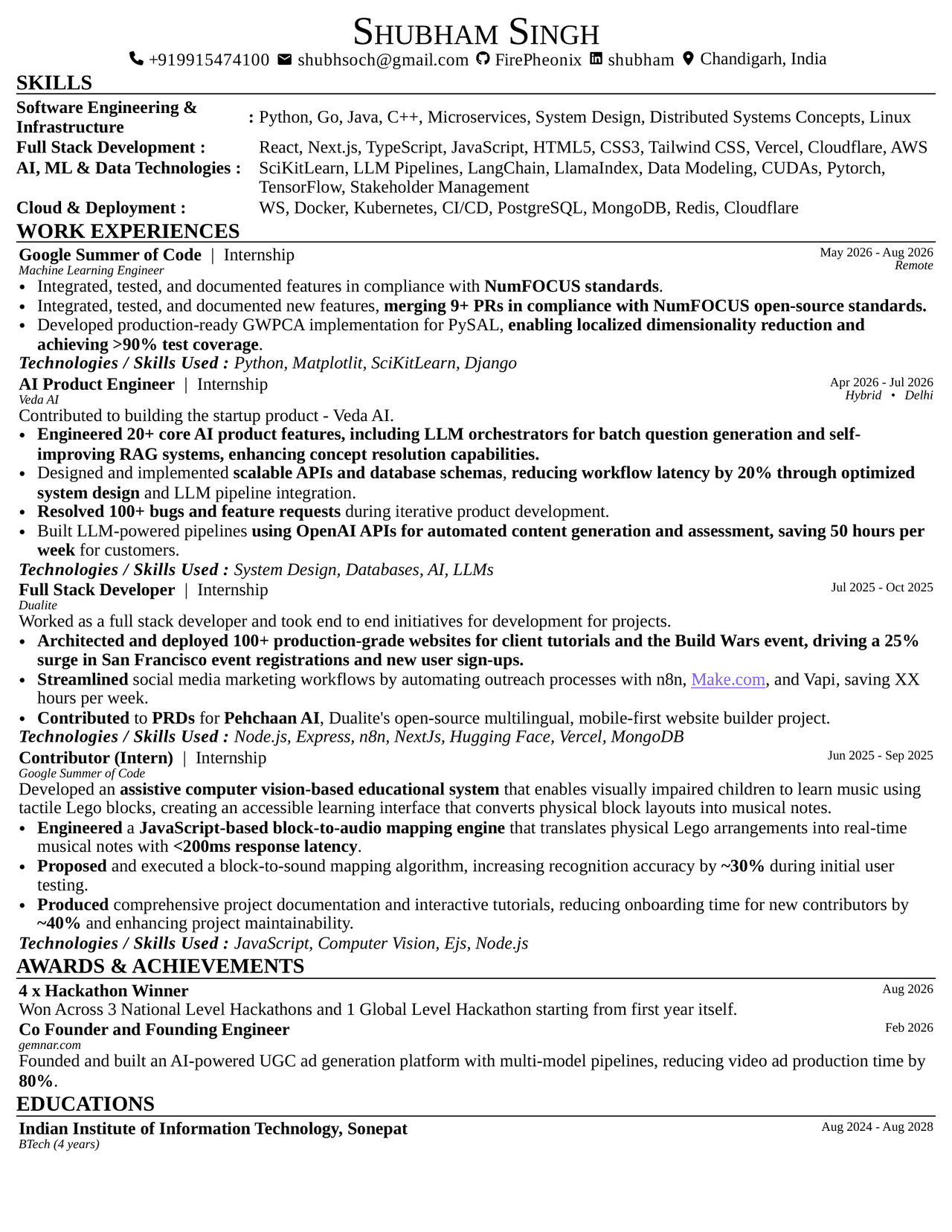 Shubham Singh resume